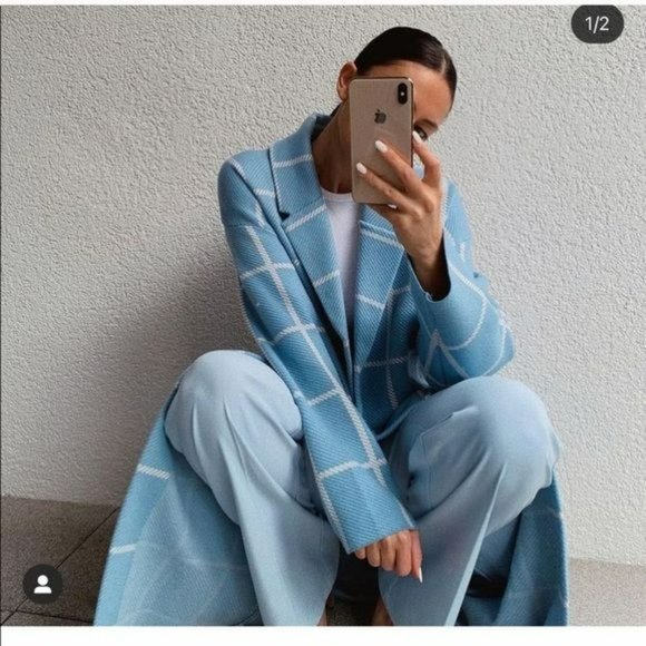 NWT ZARA PLAID COAT BLUE WHITE M BLOGGER'S FAV - Picture 5 of 11